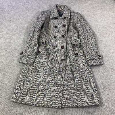 GANT Coat Womens Small Off White Wool Double Breasted Herringbone Tweed Belted