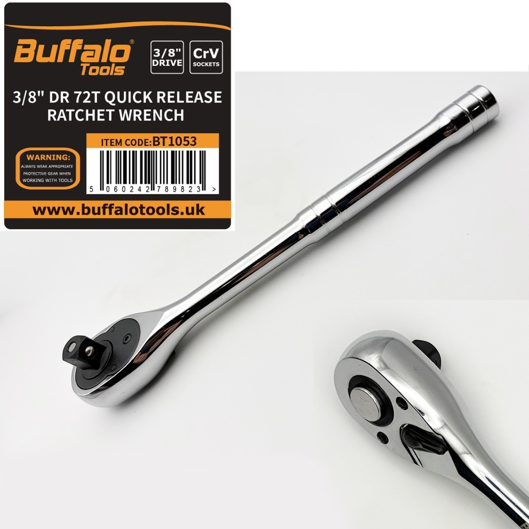 Buffalo Tools 3/8'' Drive Quick Release Ratchet Reversible Straight 72t Socket W