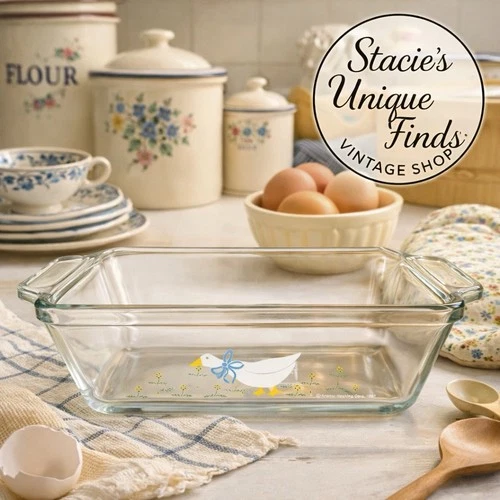 Anchor Hocking Ovenware Loaf Pan Baking dish  1.5 Qt EUC Duck Print 1987 Vintage