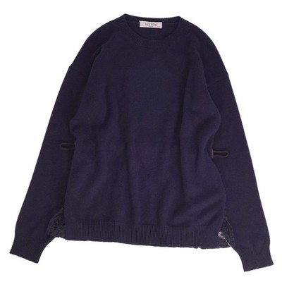 VALENTINO Knit Sweater Long Sleeve Cashmere Wool Lace Women M Navy Used MOLO-0