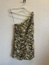 ZARA Black Yellow Purple Floral Ruched One Shoulder Mini Bodycon Dress Size M