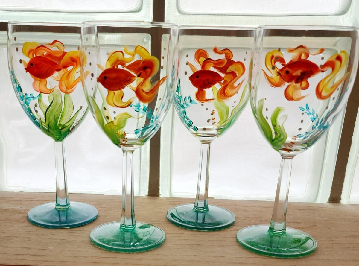 4 Hand Painted Artist Signed GOLDFISH WINE GLASSES Nautical Ocean Beach  Barware
