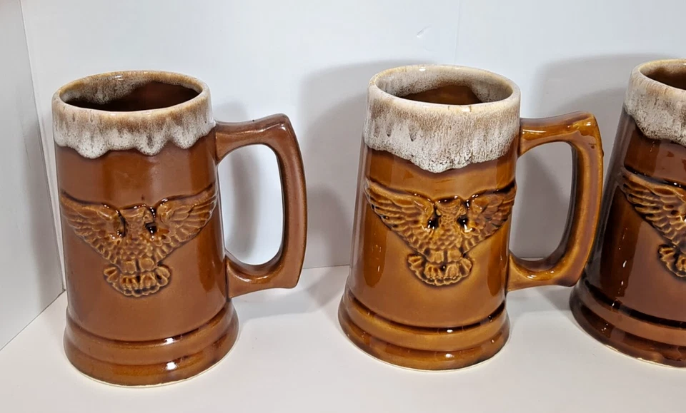 Taza de cerámica esmaltada marrón 4 Stein con águila en relieve 20 OZ barra cueva hombre ¡VIDEO! Foto 2 de 4