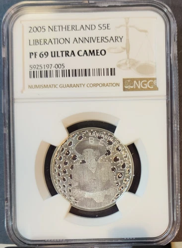 2005 NETHERLANDS SILVER 5 EURO LIBERATION ANNIVERSARY NGC PF 69 ULTRA CAMEO