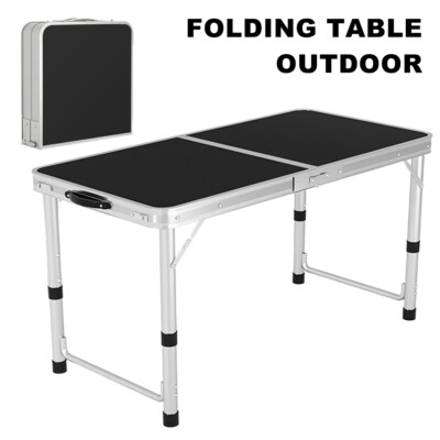 4FT Aluminium Folding Table Wooden Table Top Picnic Table Carry Handle Outdoor