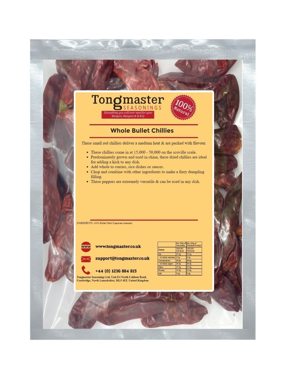 Whole Dried Bullet Chilli Pods - 50g