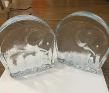 Pair Of Vtg Blenko Clear Art Glass Elephant Bookends, Joel Myers 1969
