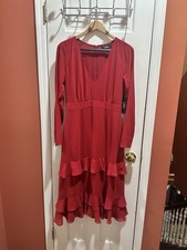 Lulu's Red Long-Sleeve V-Neck Ruffle Midi Dress