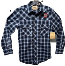 Cowboy Wrangler Western Pearl Snap Long Sleeve Blue/Gray/Black Plaid Shirt S NEW