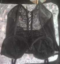 Black Mesh Lace Corset Top Bustier L Spaghetti Straps Floral Boned Hook Eye