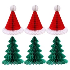 6 Pcs Xmas Party Decorations Honeycomb Paper Christmas Tree And Hats Pendant