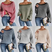 Womens Off Shoulder Knit Sweater Striped Loose Fit Pullover One Line Collar Jump