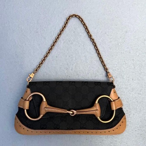 Gucci Tom Ford era Horsebit GG Canvas Chain Clutch Bag Black Brown Authentic JP-