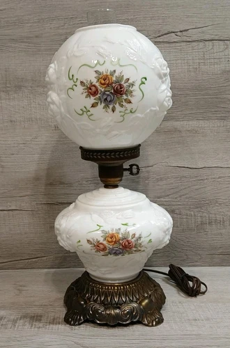 Vintage Gone With The Wind Wild Rose Hurricane Parlor Lamp Milk Glass Tested