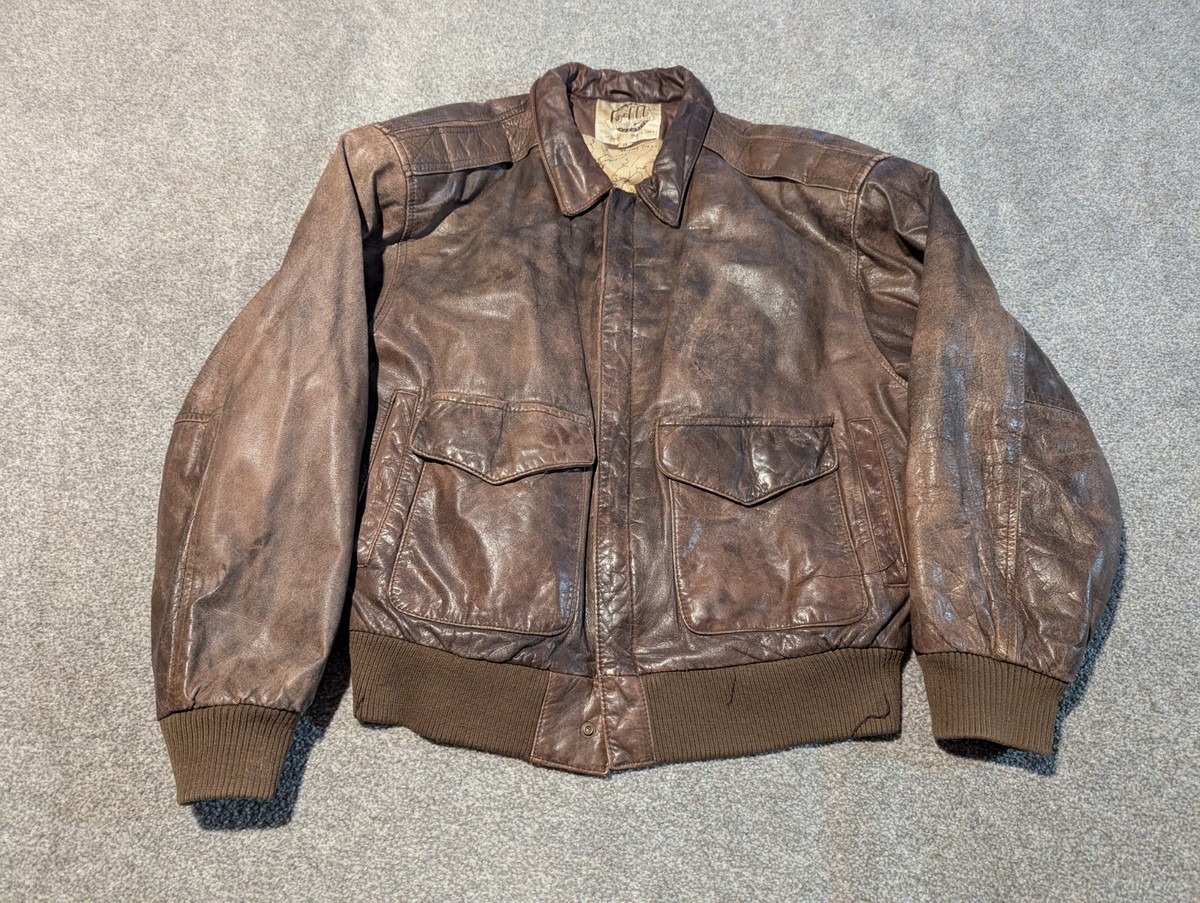 Vintage G-III Leather Jacket Mens Medium Brown Flight Bomber Map