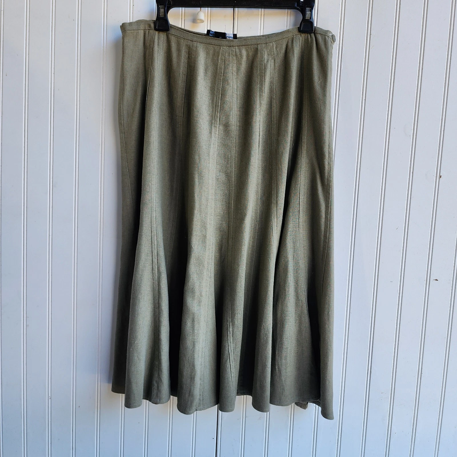 Saint Tropez West Skirt Womens Olive Green Linen Flared Hem Midi Natural Sz 10
