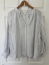 H&M White and Light Blue Striped V-Neck Peasant Tunic 100% Cotton