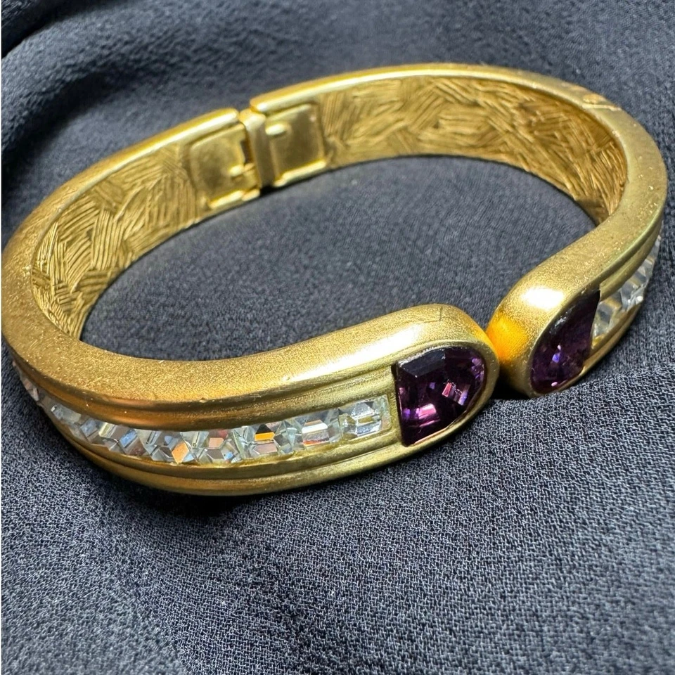 Vintage Givenchy Gold-Tone Cuff Bracelet w/ Purple & Clear Crystals - Image 2 of 4