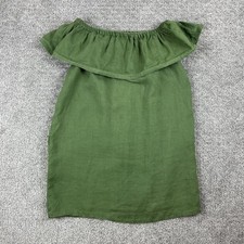 Line Dot Dress Womens Small Green Off Shoulder Ruffle Linen Summer Pockets