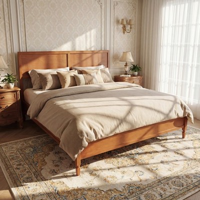 Size Wood Platform Bed Frame with Classic Panel Headboard, Wooden Slats Support