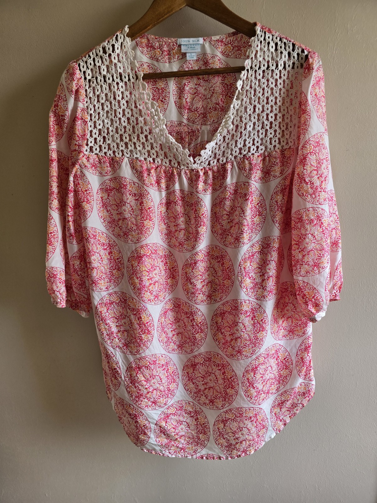 Women's Calypso St.Barth 100% Silk Pink Multicolor Medallin Pullover Sz L Blouse