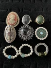 Lot of 9 Vintage & Boho Ring Cameo Pearl Green Stone Mixed Style Costume Jewelry