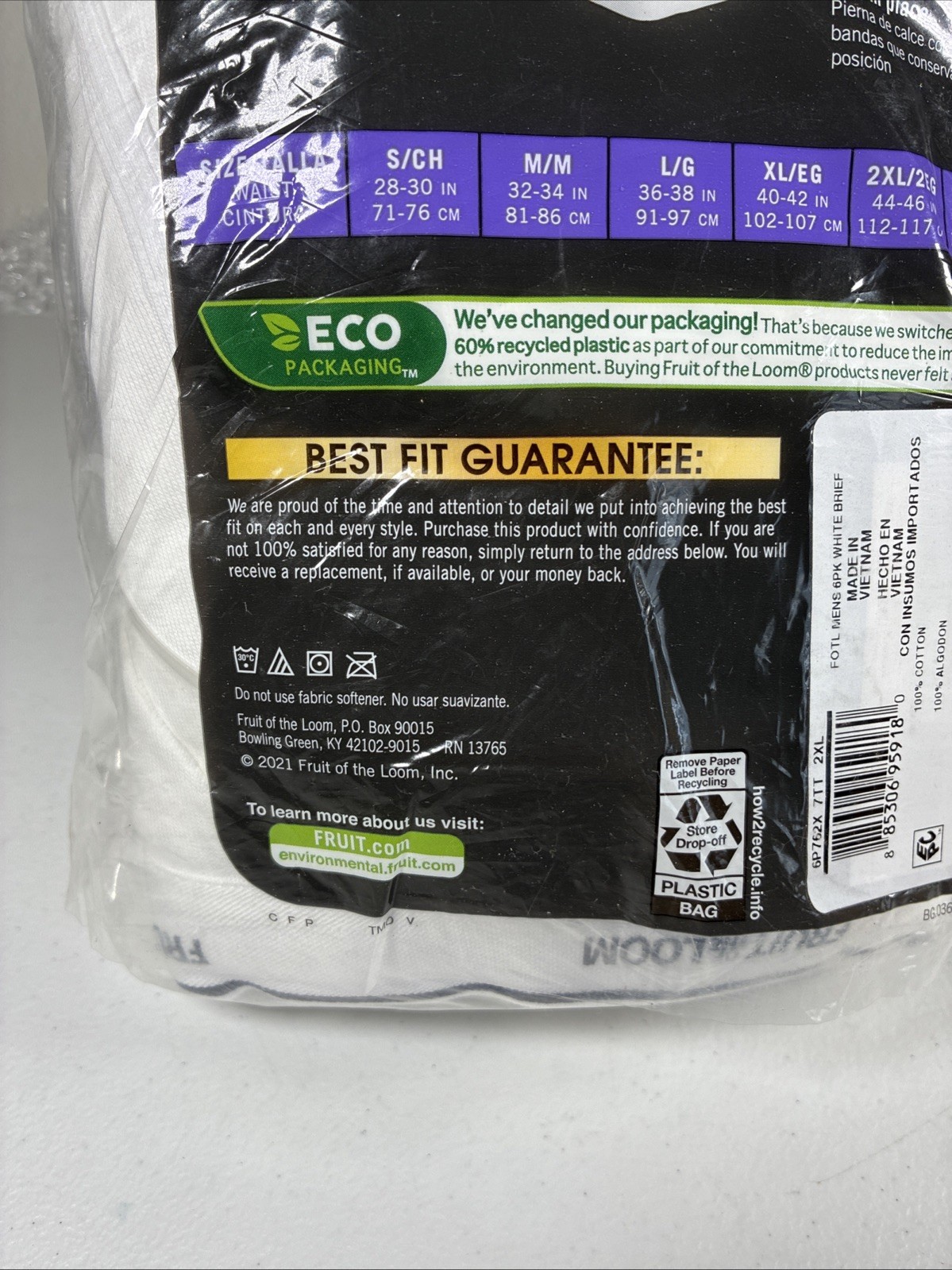 Fruit of the Loom Mens White Tag Free Cotton Briefs Underwear 6 Pack Size 2XL