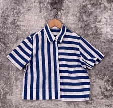 Gorman Top 8 Womens Cotton Linen Woven Blue Striped Boxy Shirt