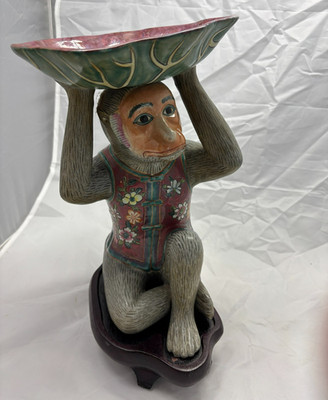 Porcelain Large 11 1/2'' Bar Monkey Holding Leaf Bowl w/ Wood Stand Chinoserie