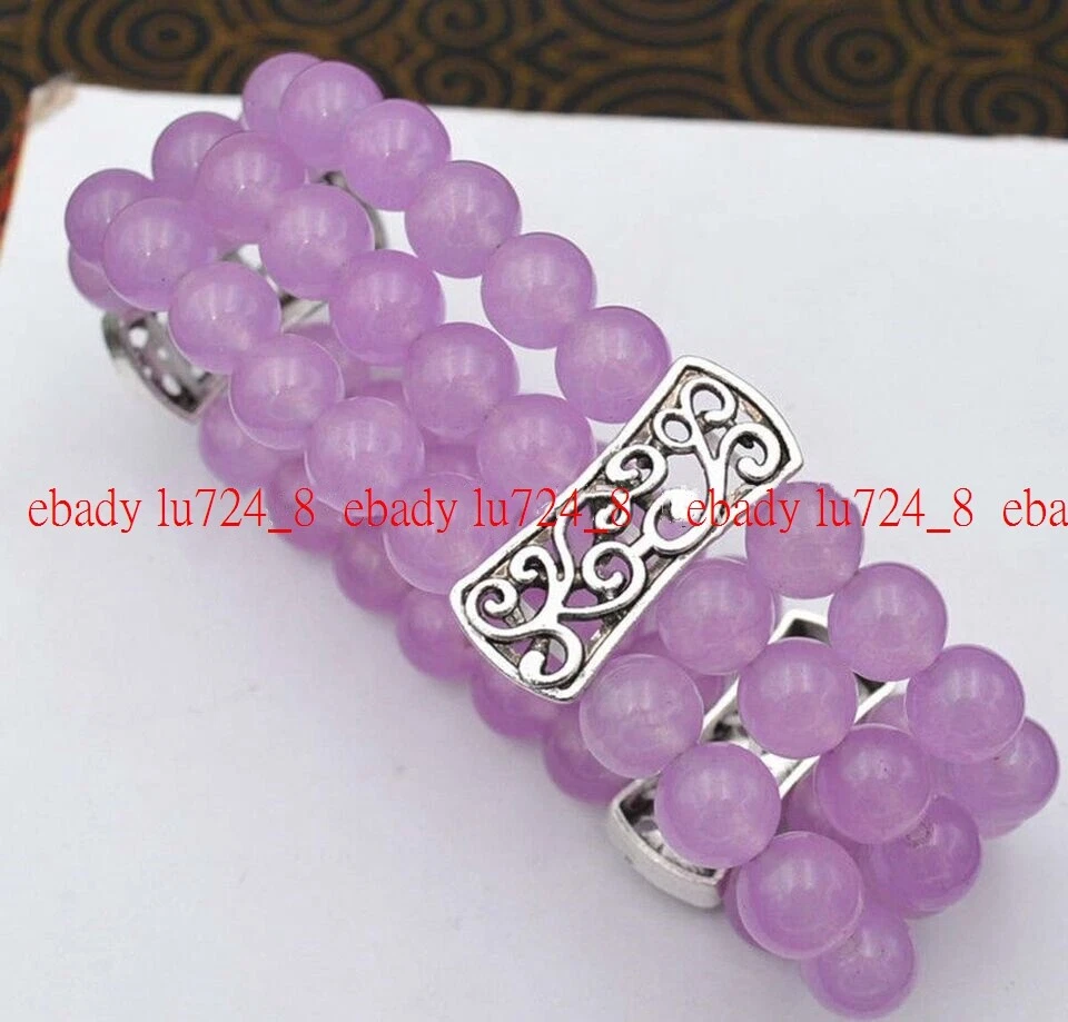 Brazalete de gemas de plata tibetana elástica con cuentas de jade púrpura natural de 3 filas de 8 mm 7,5"" Foto 3 de 4