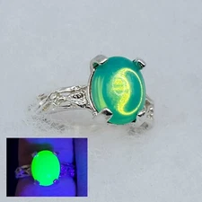 Sterling Opal Uranium Glass Ring Blue Green Opalescent Mermaid Glass 925 Silver