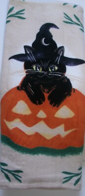 FULL UNCUT CAT IN PUMPKIN HALLOWEN Print Cotton Kitchen Dishtowel