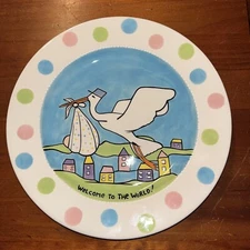 Lorrie Veasey Welcome To the World Painted Plate Platter Baby Stork Delivery
