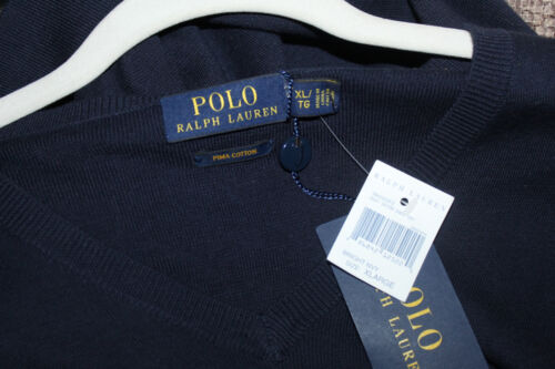 POLO RALPH LAUREN BLU NAVY MAGLIONE SCOLLO A V PIMA COTONE UOMO TG XL NUOVO CON ETICHETTE - Foto 3 di 7