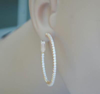 2.93ct Diamond Inside Out Hoop Earrings Round 18k Yellow Gold 1.75 inch x 2mm
