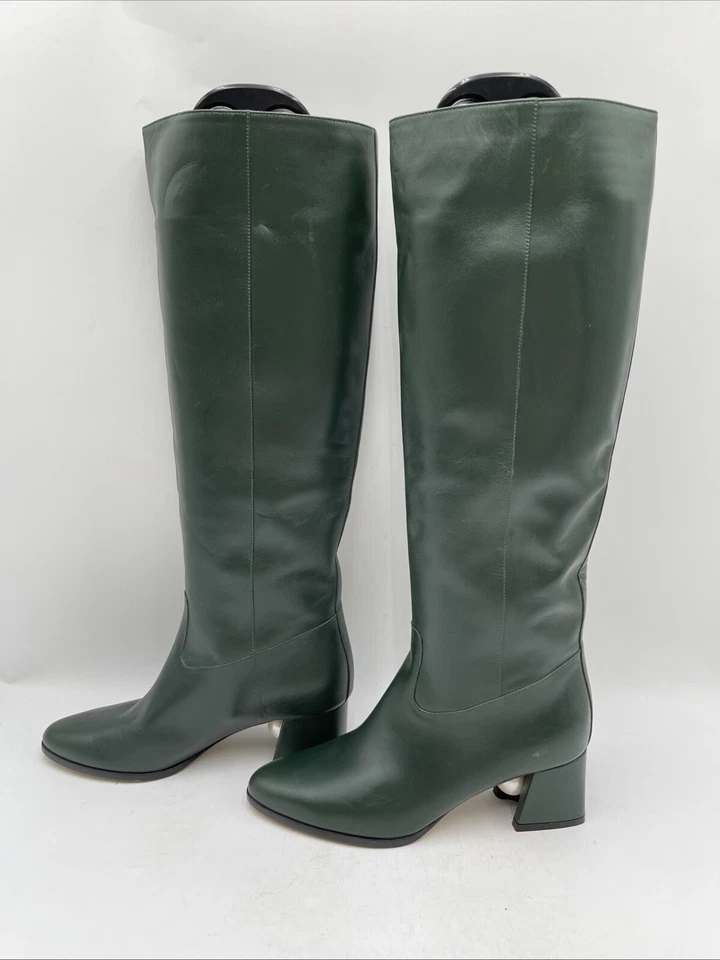 Nicholas Kirkwood Green Leather Pull On Block Heel Knee High Boots Women’s 36 - Image 3 of 4