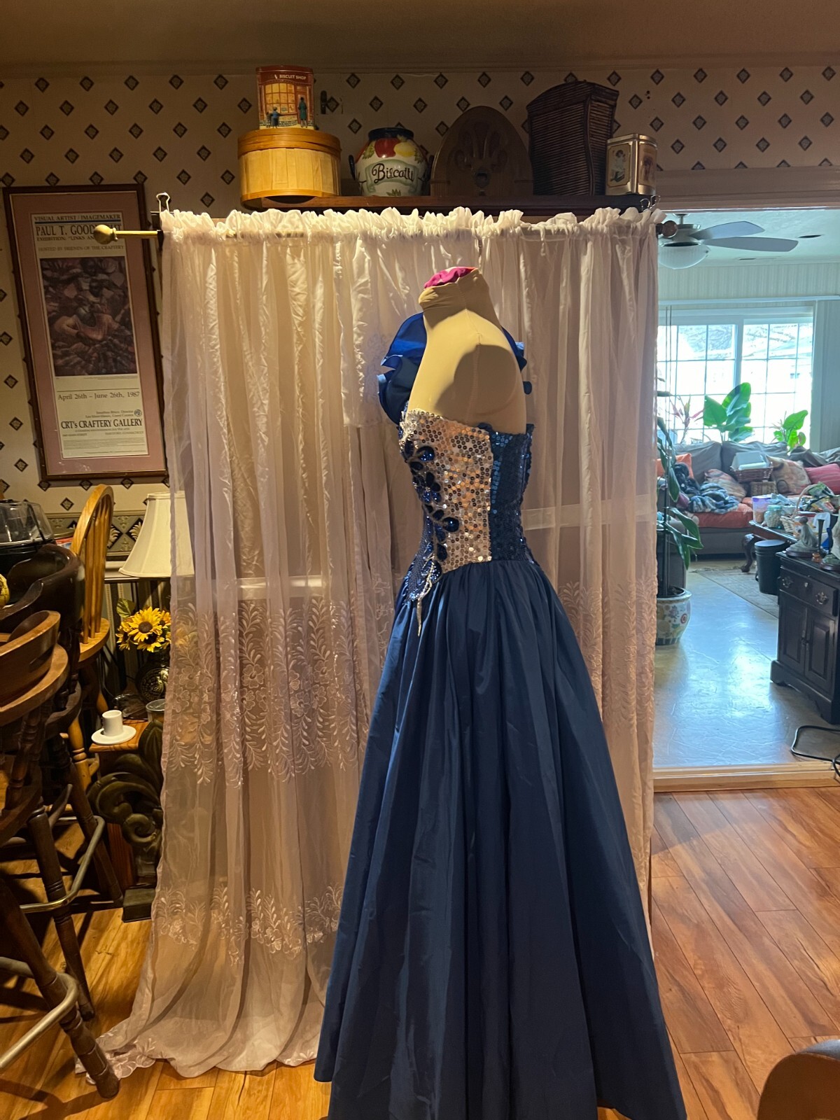 Metallic Silver Blue Micro Velvet Satin Silk Cocktail Gown With Floral Motifs main image 1