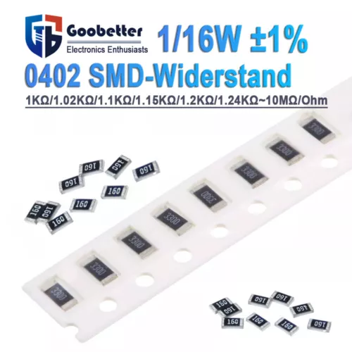 100 Stück 0402 Widerstand Auswahl 1KOhm Bis 10MOhm 1/16W 1% SMD Widerstände
