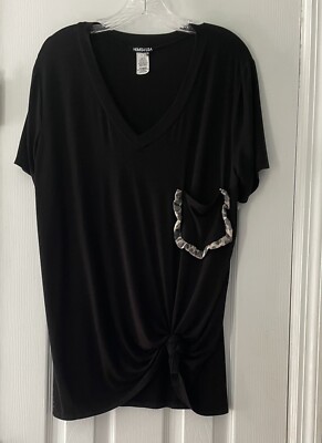 Heimish USA Women s Size XL Black Leopard Trimmed Pocket Stretchy Shirt Top