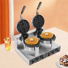 Commercial Dual Head Rotating Round Belgian Waffle Maker Non-Stick Breakfast 7"