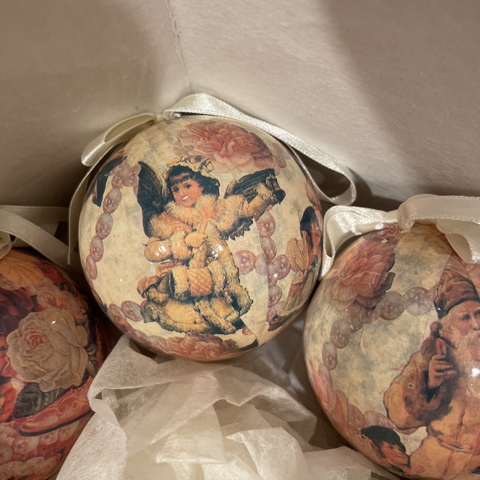 Vtg 1995 C&F Christmas Victorian Decoupage 12 Ball Ornaments Angels Santa Roses