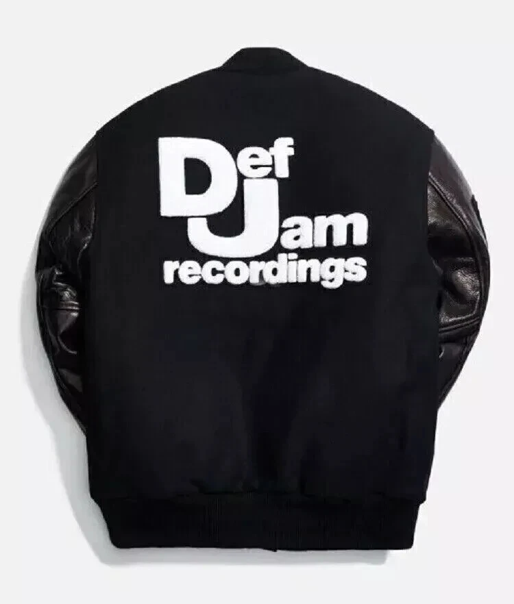 Def Jam Black Wool Bomber Varsity Jacket with Real Leather Sleeves