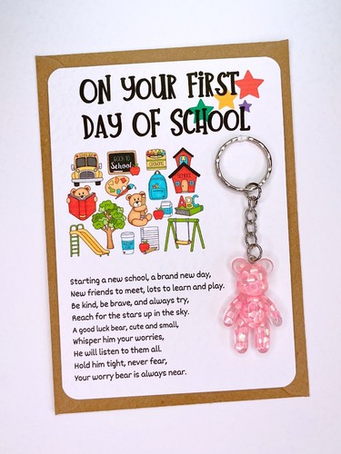 First 1st Day Of School Worry Bear Keyring Starting School Worries Anxiety Gift - Picture 17 of 18