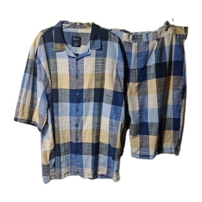 Linen Shirt Shorts Set Mens 4X Set Blue Plaid Golf Casual Pleated Front Pocket