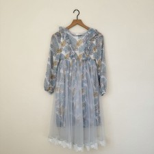 Light Blue Leaf Print Ruffled Tulle Dress For Girls 12-15