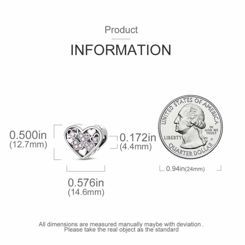 KUNSIR 925 Sterling Silver DIY Charm For Bracelet Pink Heart Zircon Bead Charm