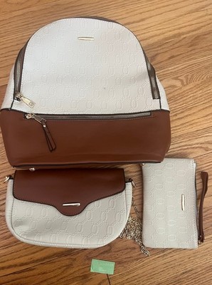 MICRO-PAK Monogram Medium Backpack 3pc Set Wristlet Chain Bag Beige Brown 