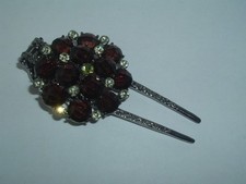 BROWN LUCITE RHINESTONE GEM SILVER TONE METAL HINGED HAIR STICK BUN FORK