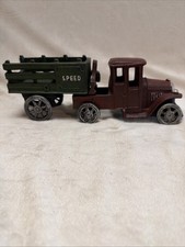 Vintage Cast Iron Toy Truck With Green " SPEED " Dump Bed Trailer - HEAVY