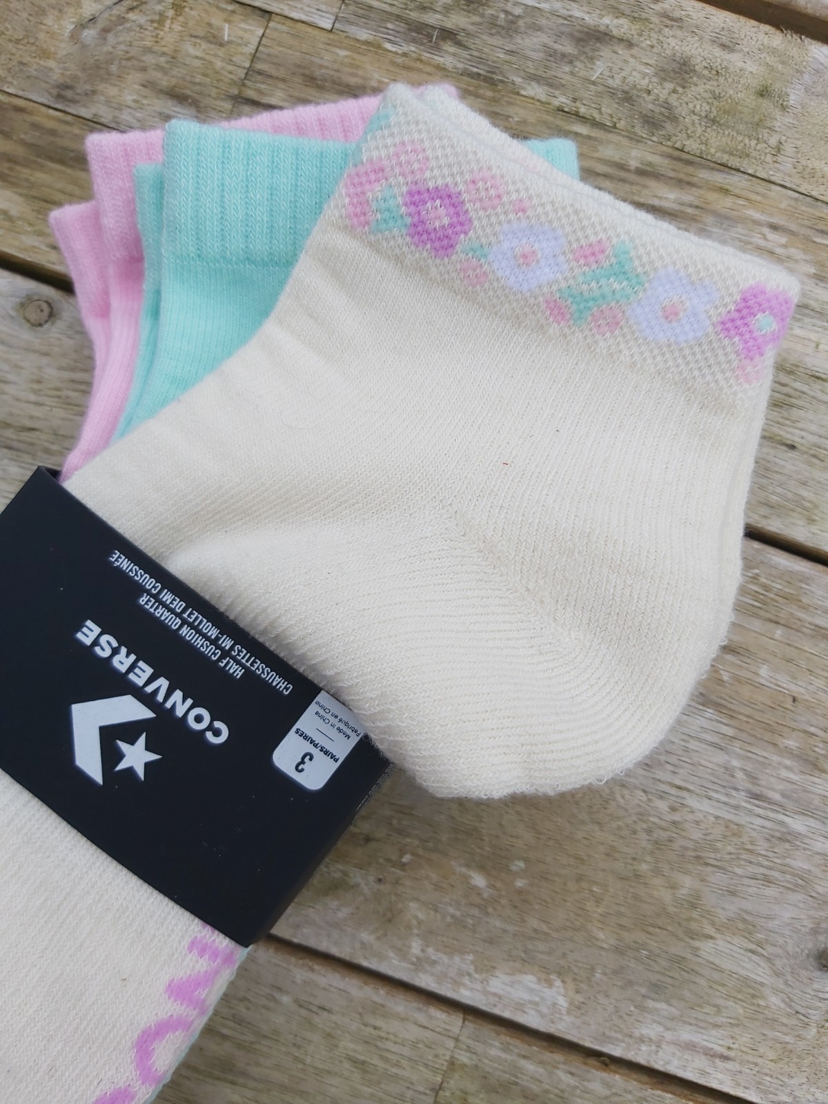 3 x CONVERSE Pastel Half Cushion Quarter Socks Cream Mint Pink 4-8 37-42 Con2